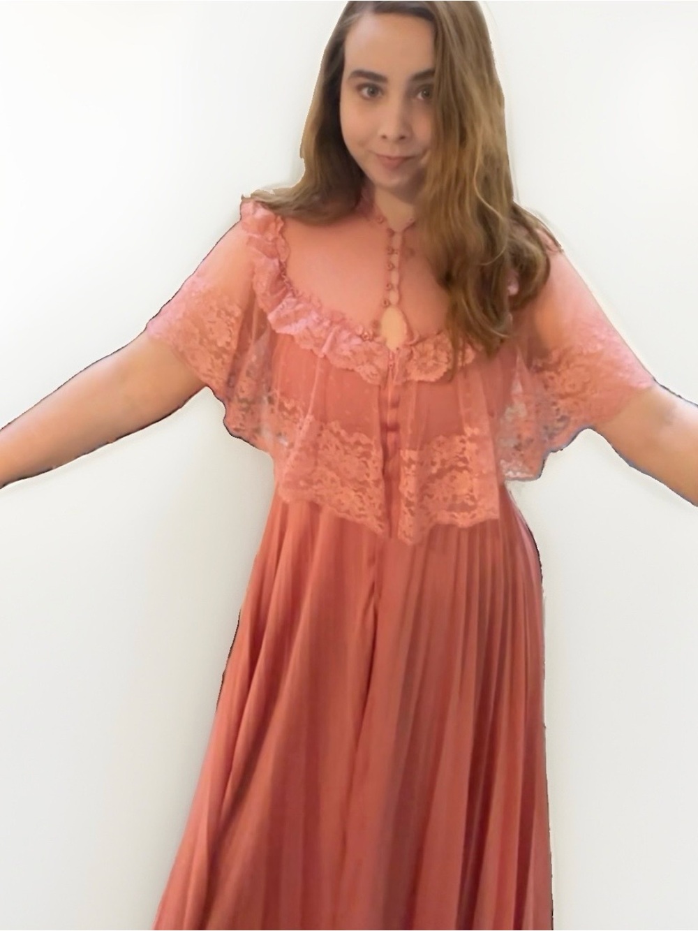 VTG 60s 70s Women M Pink Lace Ruffle Sheer Lace High Neck Maxi Dress Coquette